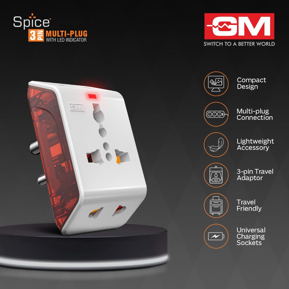 GM 6AMP 3-Pin Multi Plug Adaptor | Universal Travel Adaptor | Supports 2-Pin & 3-Pin Plugs | Multiple Charging Ports | Charge Smartphones, Laptops & Other Devices | Compact & Reliable | White - Image 3