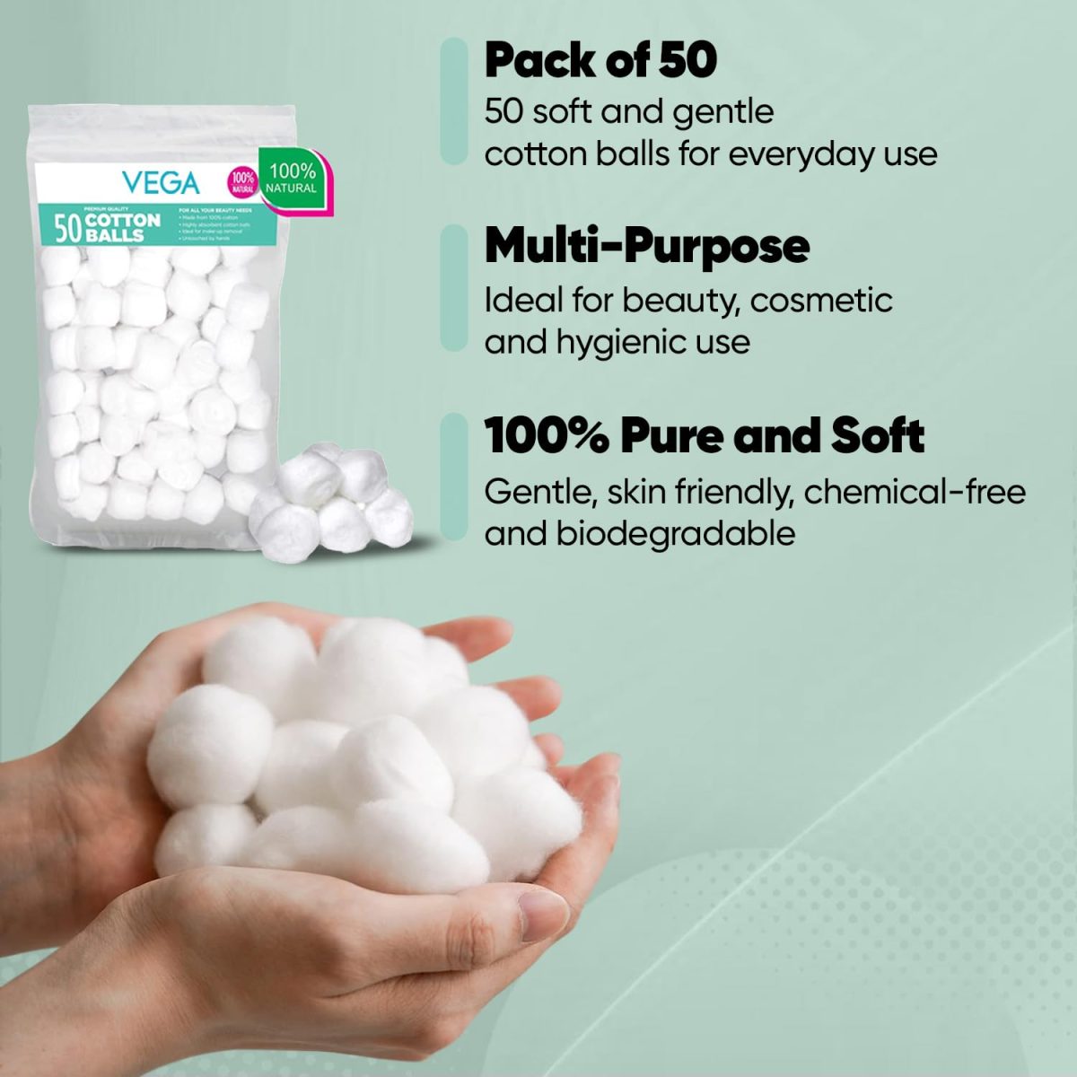 VEGA Cotton Ball for Eye, Face Makeup and Nail Paint Remover (Pack Of 50) - Image 6