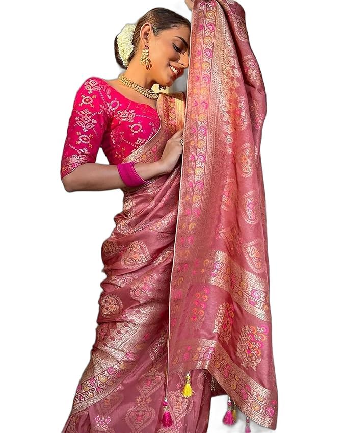 Sanu silk Kanjivaram Banarasi Silk Saree for Women And Girls, Traditional Indian Ethnic Wear with Rich Zari Work, Wedding And Festive Saree with Unstitched Heavy Blouse Piece