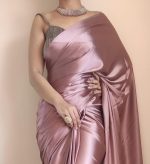 SHOPAZ Women's Ready to Wear Rose Gold Satin Silk 1 Minute Pre Pleated Heavy Saree with Hand Work Tassels - Image 3