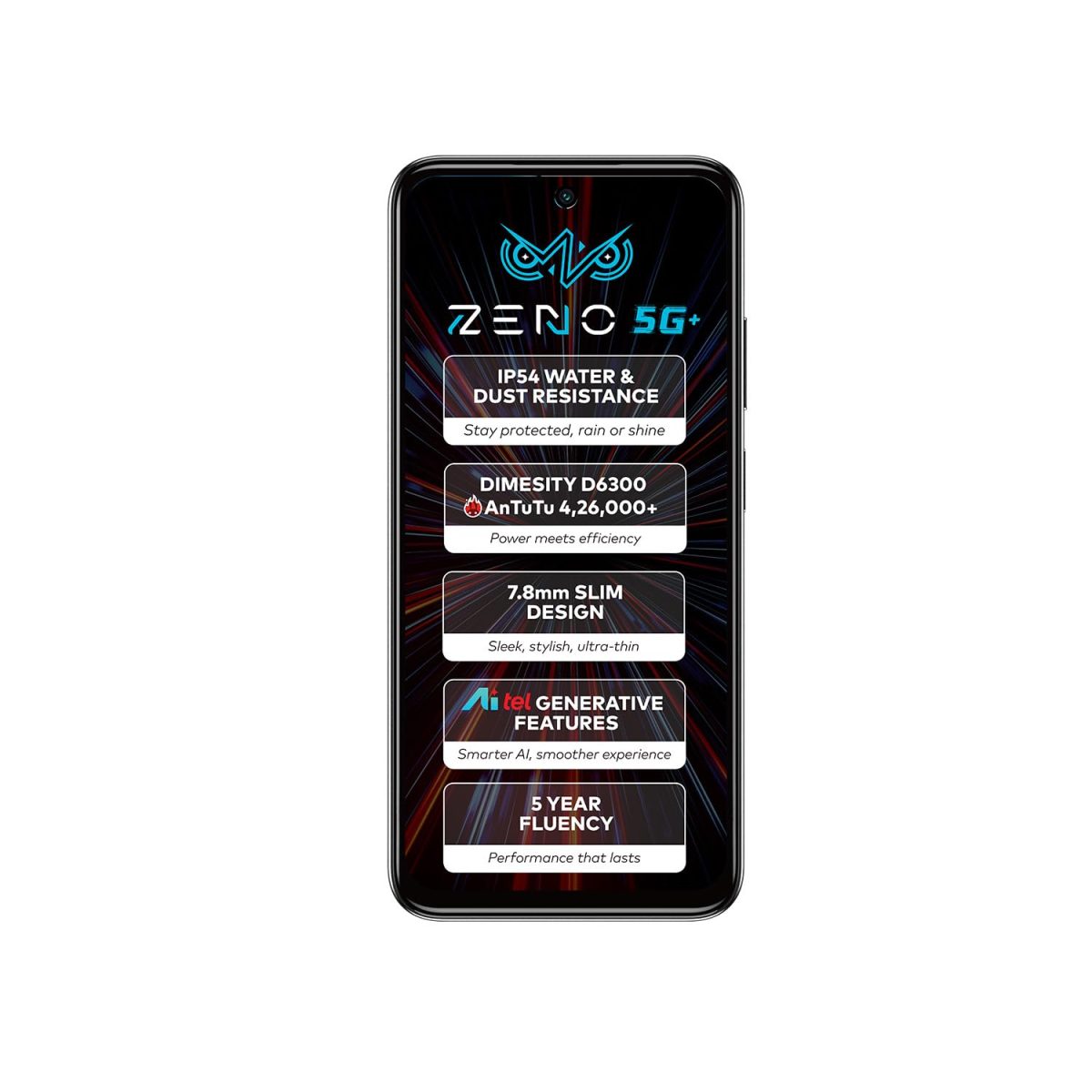 ZENO 5G AI Smartphone | 4GB RAM 128GB ROM | IP54 Rated for Dust & Water Resistance | D6300 5G Processor | 6.7" HD+ 120Hz Punch-Hole Display | 50MP Camera | 5-Year Fluency | Shadow Black - Image 2