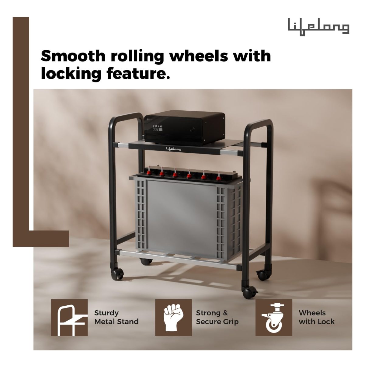 Lifelong Single Battery Inverter UPS Trolley Stand | Sturdy, Compact & Portable Design | Rust Resistant Inverter Stand for Home with Lockable Wheels | Inventer Cabinent Box, Supports Upto 80 KG - Image 5