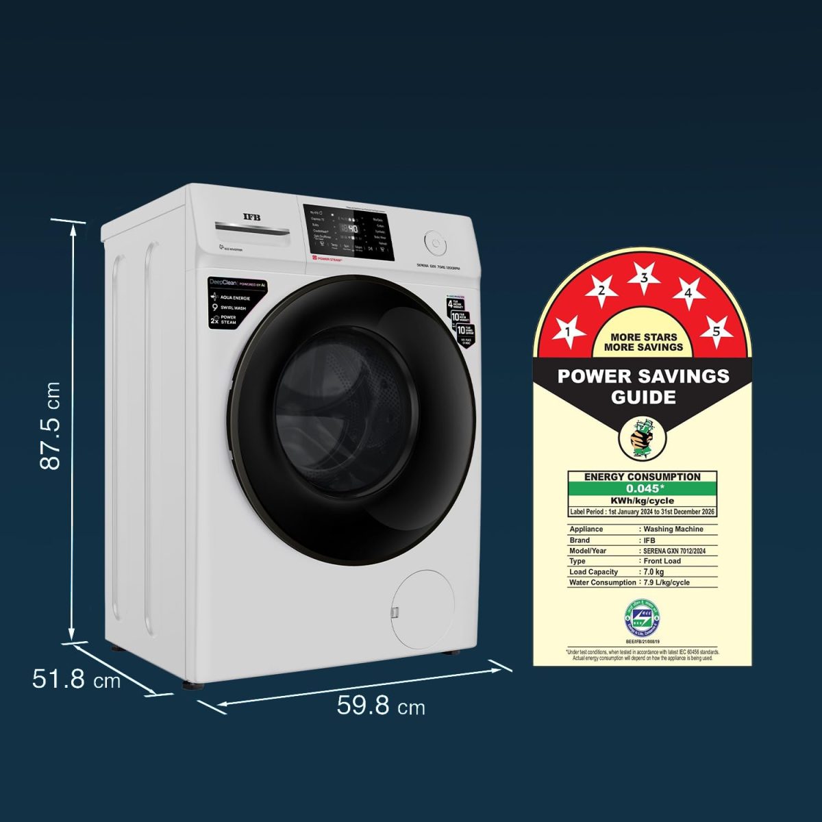 IFB 7 Kg 5 Star Powered by AI with 9 Swirl Wash, WiFi, Fully Automatic Front Load Washing Machine (SERENA GXN 7012, Steam Refresh Program with Eco Inverter, Grey) - Image 2