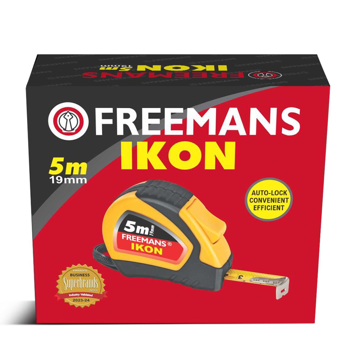 FREEMANS IKON 5m:19mm Steel Inchi Measuring Tape - 5m (Yellow & Black) With Unbreakable ABS case || Soft Grip Bi-material Case || Auto-lock and Belt Clip - Image 2