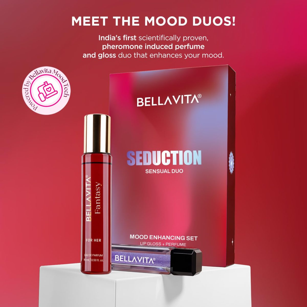 BELLAVITA Mood Enhancing Seduction Lip Gloss and Perfume Combo pack | Gift set | Mood Duos Perfume 15ml & Mood Matching pH Adapting Lip Gloss 4ml | Hydrating and Glossy Finish - Image 4