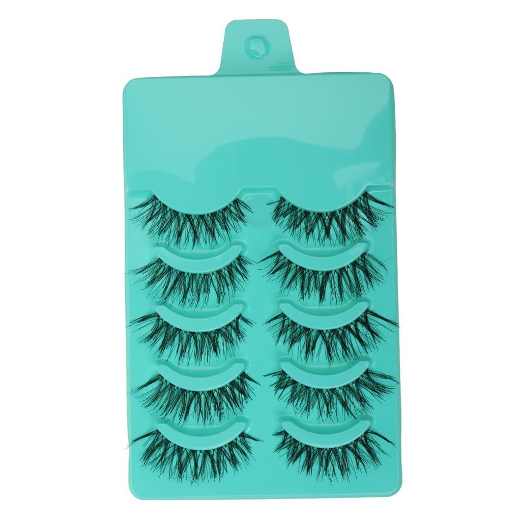 MAYCREATE® 5 Pairs Beauty Makeup Handmade Messy Cross Style False Eyelashes, Reusable Natural Fluffy Faux Lashes, Thick Long 15mm, Soft Comfortable No Glue Needed, Black Synthetic Fiber, Green