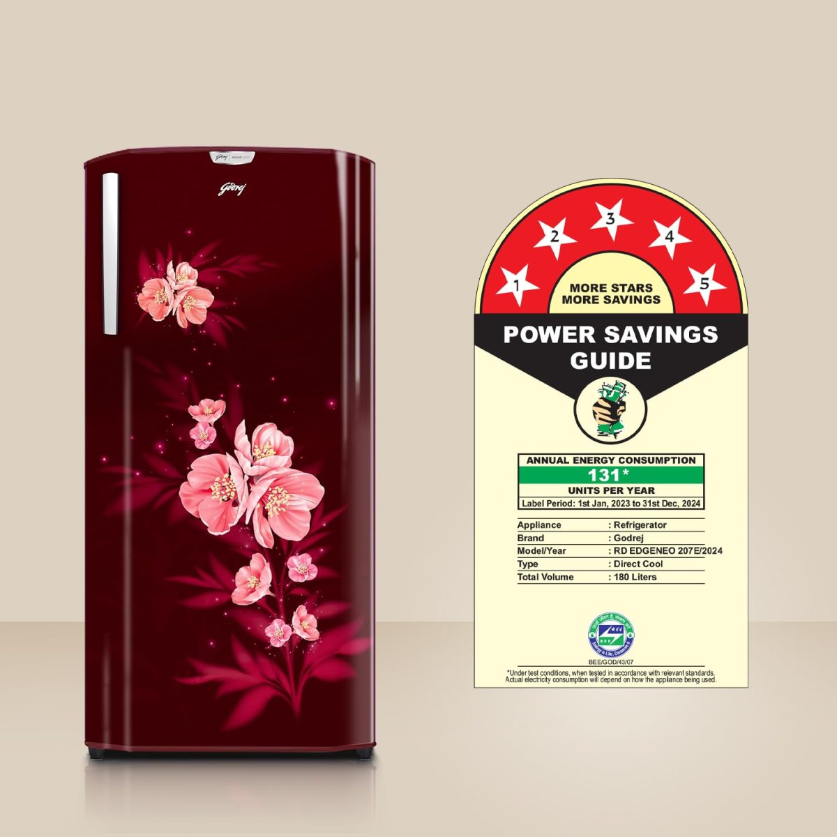 Godrej 180 L 5 Star Turbo Cooling Technology, 24 Days Farm Freshness Direct Cool Single Door Refrigerator (RD EDGENEO 207E THF MP WN, Maple Wine) - Image 3