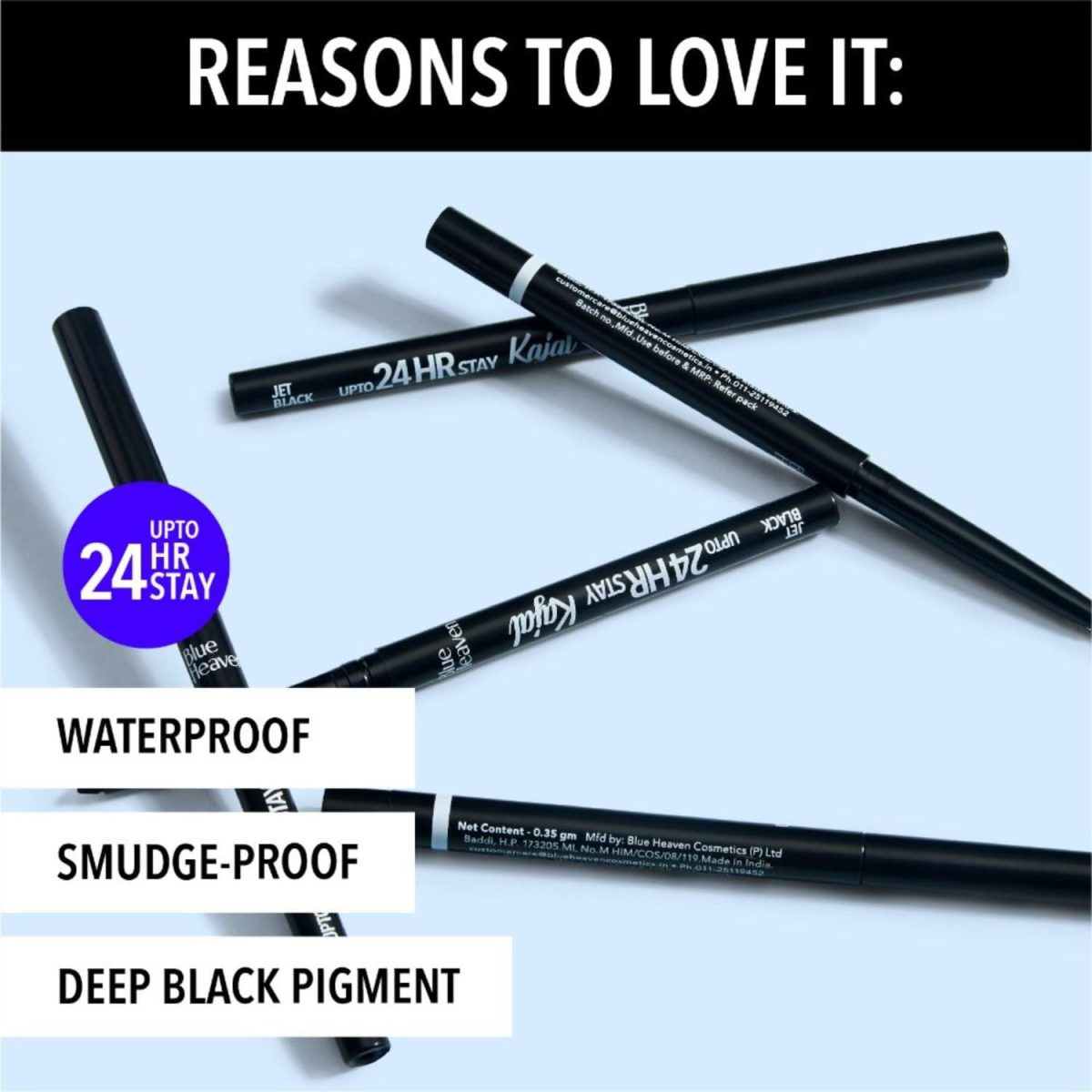 Blue Heaven 24Hr Stay Matte Pencil Kajal Black Waterproof, Deep Black, Long Lasting And Smudge Proof Eye Makeup, 0.30Gm - Image 3