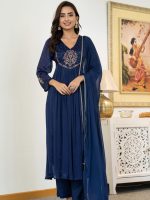 Naixa Women's Silk Chiffon Embroidered A-Line Kurta with Rayon Pant and Silk Chiffon Laced Dupatta Sets (NX-661) - Image 2