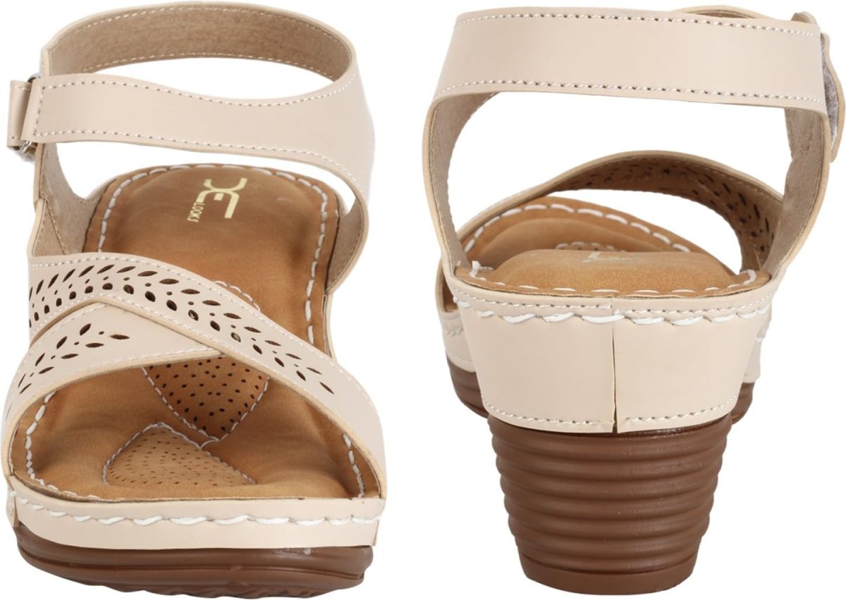 XE Looks Women's Cream Orthopedic Sandals with Adjustable Ankle Strap | Stylish Perforated Design and Cushioned Wedge Heel For Girls & Women - Image 6
