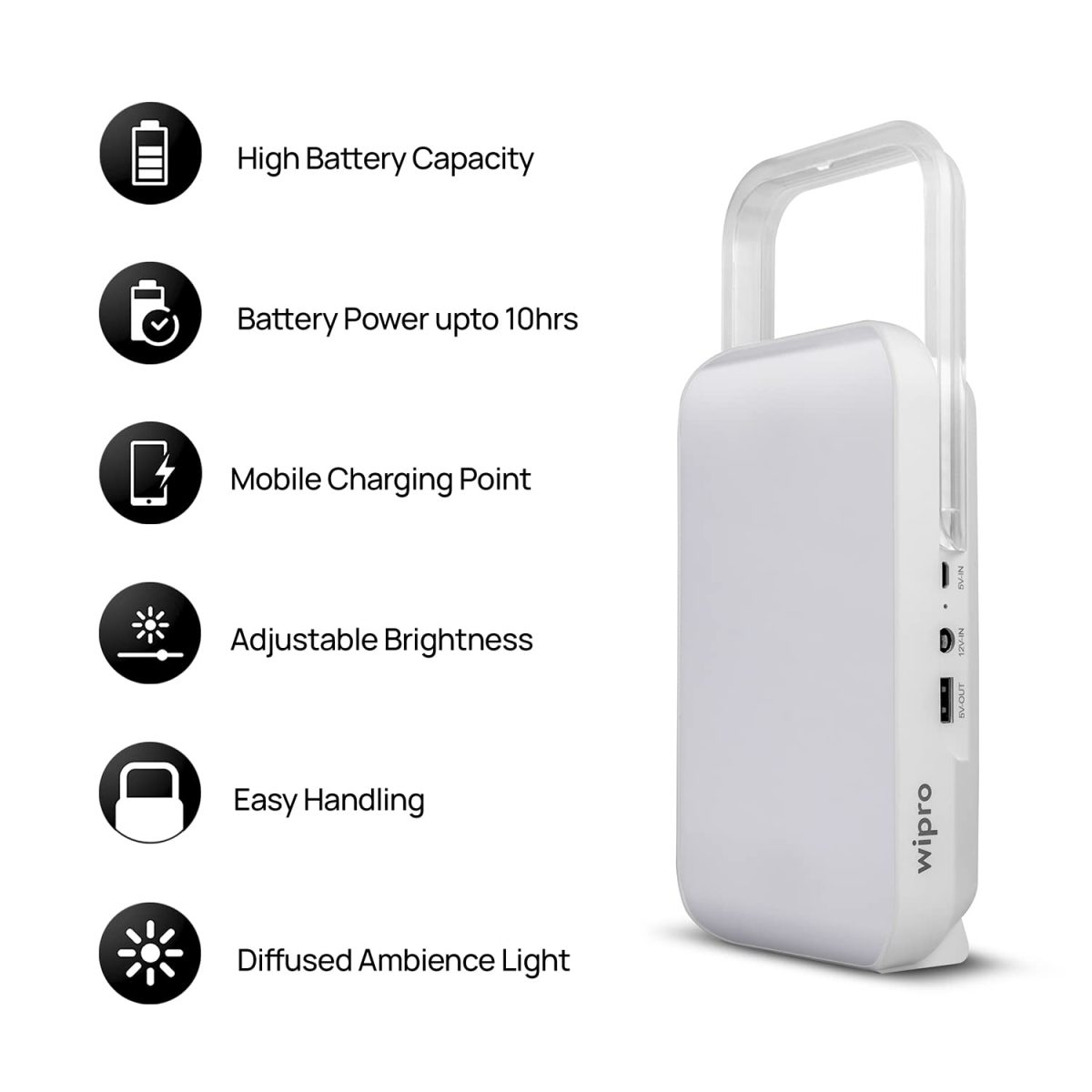 wipro Safari Emergency Rechargeable Led Lantern with 7200 Mah Battery | 122 Individual Led Lights | Brightness Control Feature | in- Built Mobile Charging Point|15 Watt (Pack of 1) White - Image 3