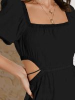 Aahwan Solid Summer Beach Square Neck Puff Sleeve Cut Out Waist Mini Dress For Women's & Girls - Image 3