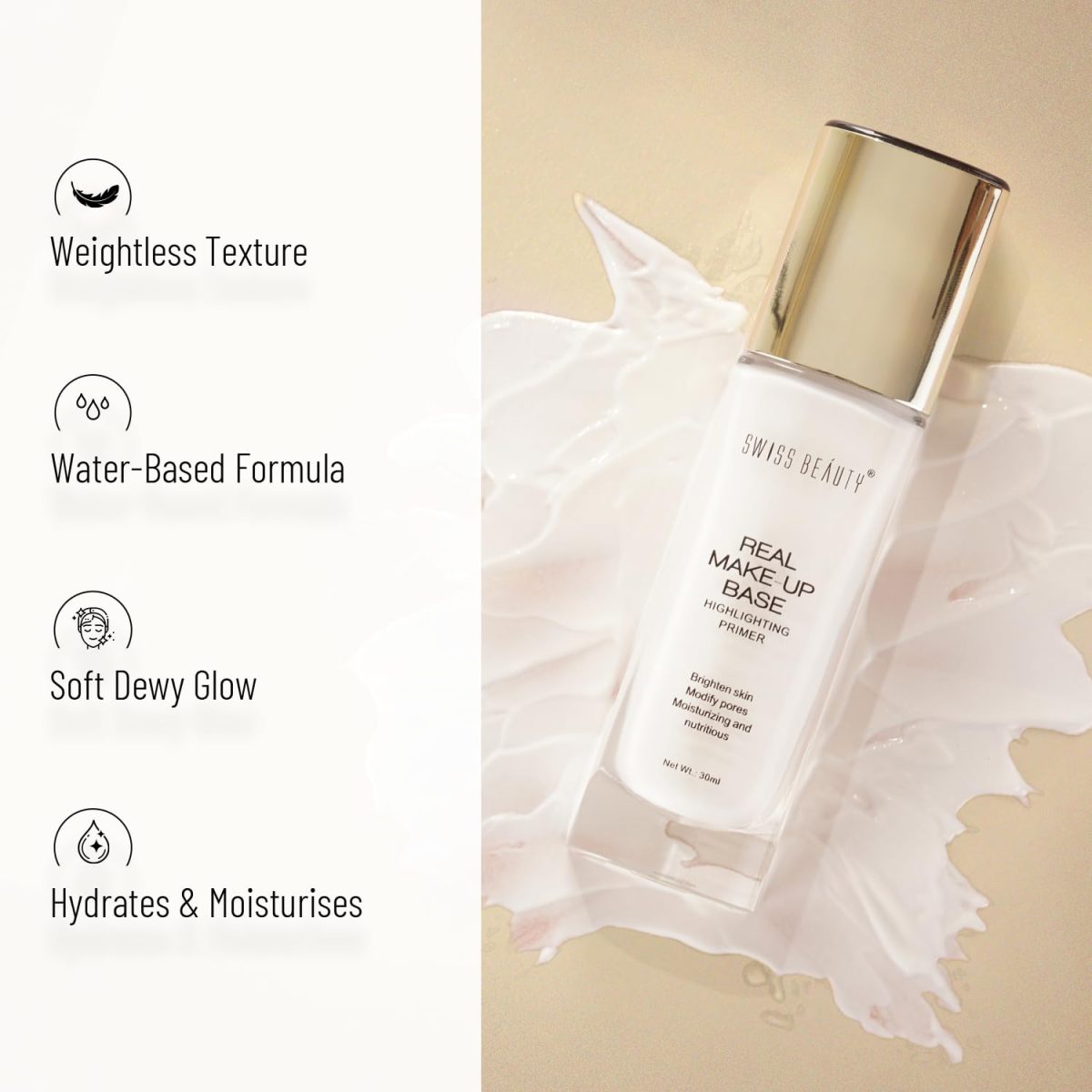 Swiss Beauty Real Makeup Base Highlighting Primer| Skin-Hydrating Poreless Primer With Natural Glow Finish For Face Makeup |Shade - Natural Tint, 32Ml - Image 4