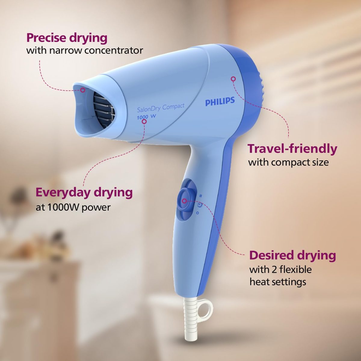 Philips HP8100/60 Compact Hair Dryer| 2 Flexible heat setting| ThermoProtect prevents overhearting | 1000 Watts- Blue - Image 2