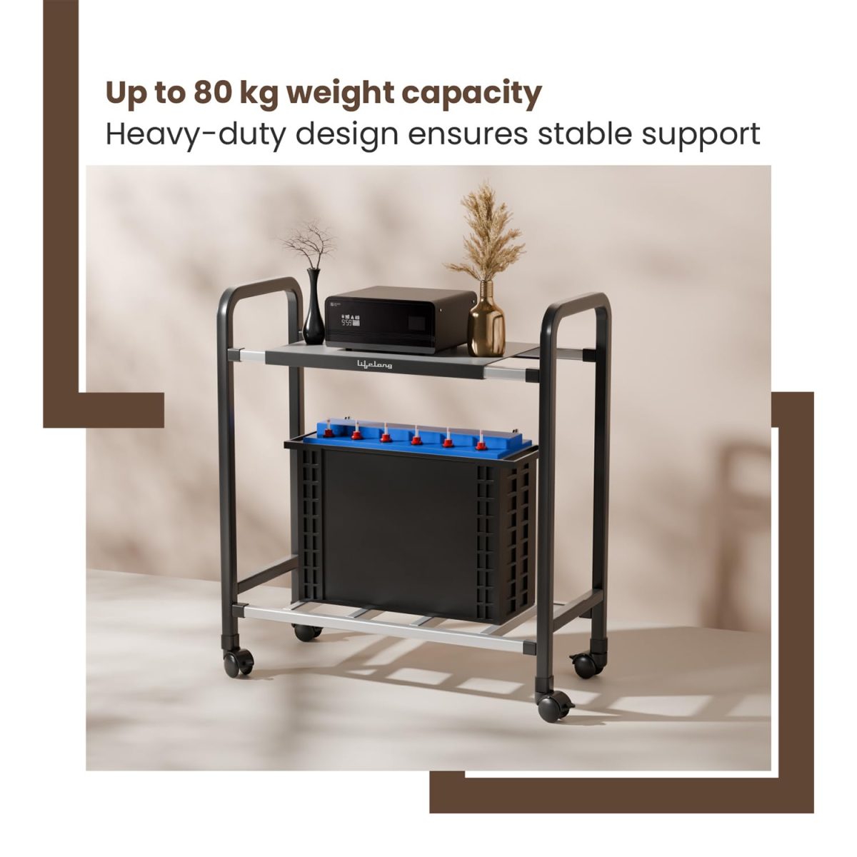 Lifelong Single Battery Inverter UPS Trolley Stand | Sturdy, Compact & Portable Design | Rust Resistant Inverter Stand for Home with Lockable Wheels | Inventer Cabinent Box, Supports Upto 80 KG - Image 3