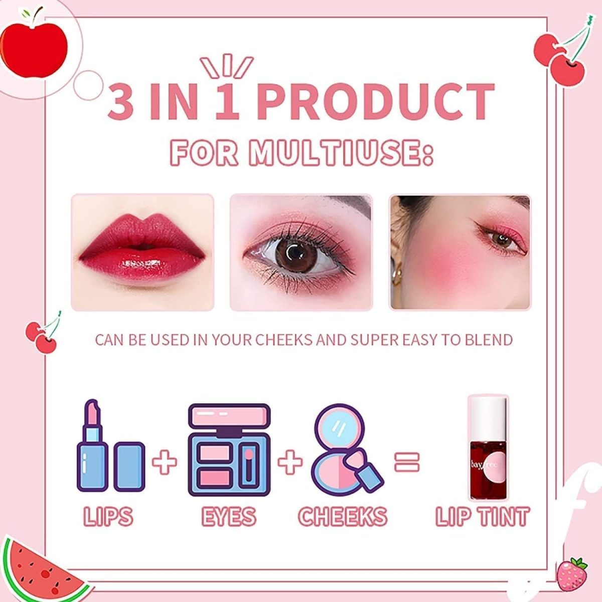 Korean Style Liquid Lip and Cheek Tint with Watermelon, Strawberry, Tomato Extracts - Rose Fragrance & Long-lasting High-Glossy Finish Smudge & Waterproof Cheeks Blusher for Women - Image 3