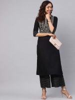 idaLia Women's Embroidered Black Rayon Kurta with Palazzo Pants - Image 6