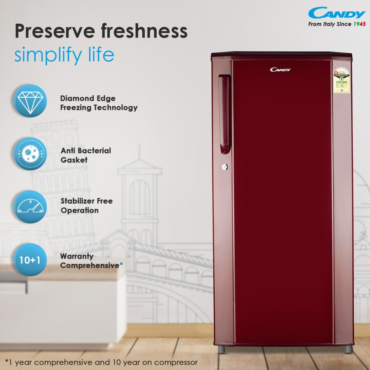 CANDY 165L 1 Star Direct Cool Single Door Refrigerator with Stabilizer free Operation (Red Mono, CSD1761RM) - Image 2