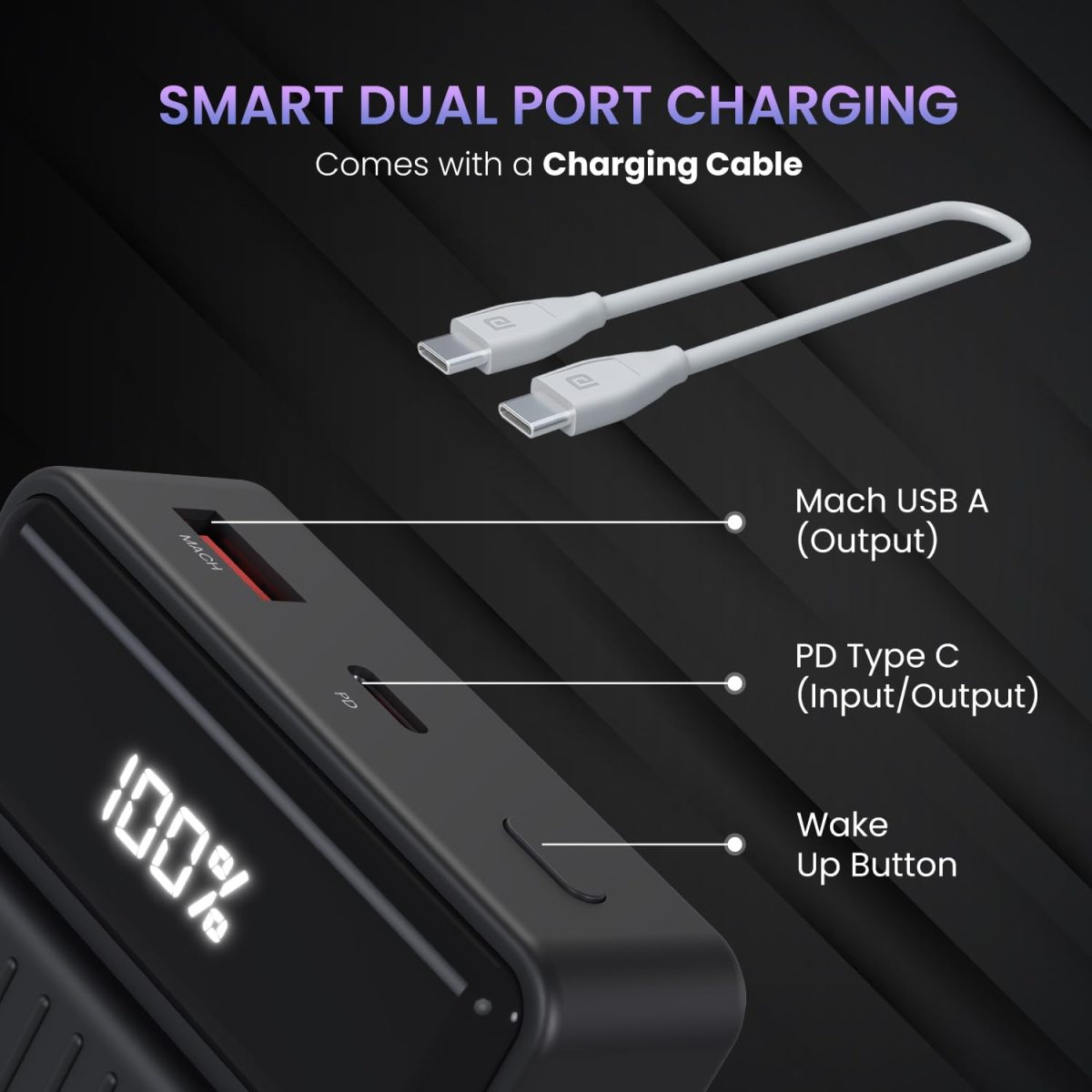 Portronics Luxcell B 20K Advanced 20000 mAh Power Bank with 22.5W Max Output, LED Battery Display, 22.5w Mach USB-A Output, 20w Type C PD Output, Type C Input, Wake Up Button(Black) - Image 8