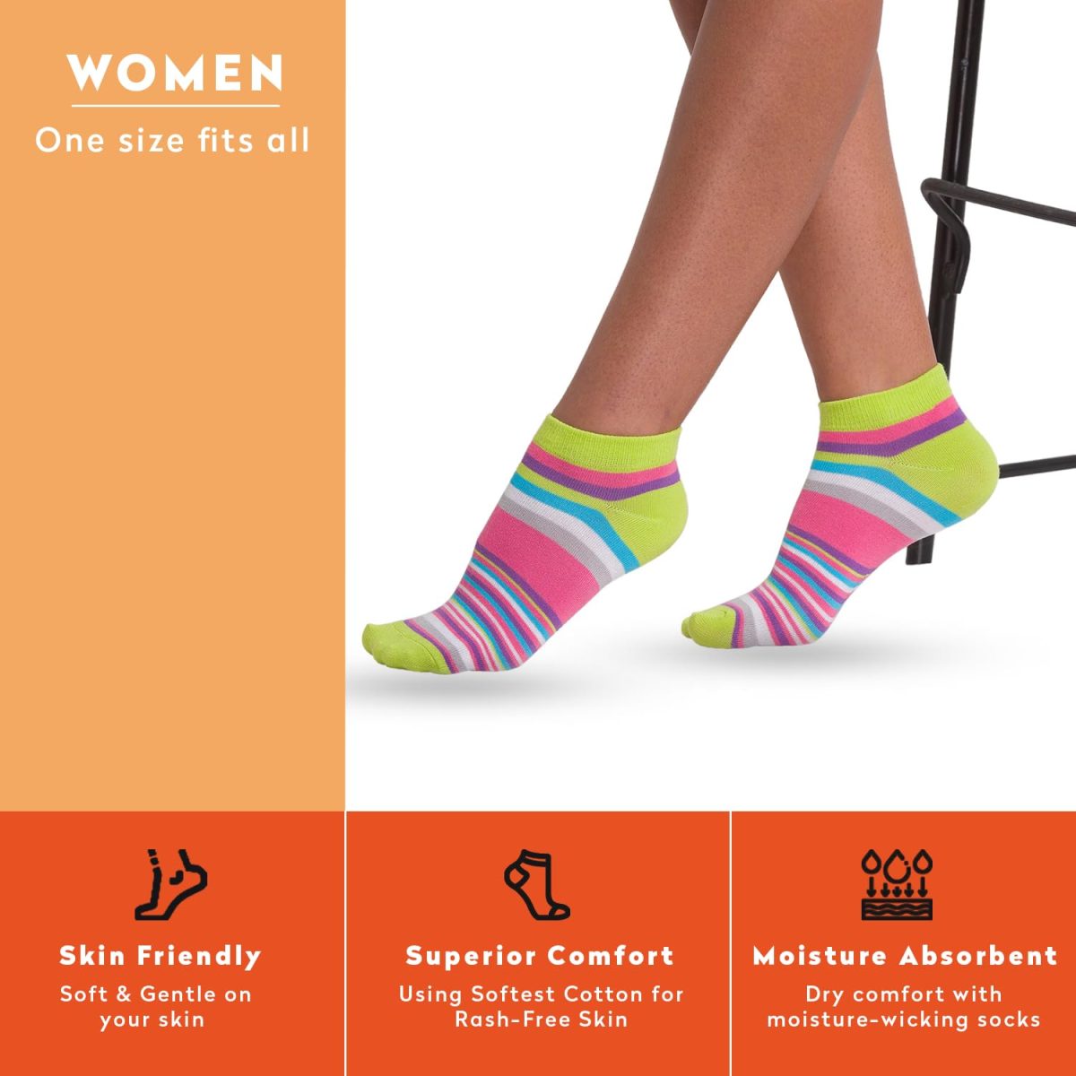 Supersox Ankle Socks for Women Made With Premium Cotton. Stylish Striped Design with Extra Softness, Anti Odour & Anti Bacterial - Free Size, Multicolor - Image 4