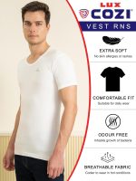 Lux Cozi Men's White Round Neck Half Sleeves 100% Cotton Modern Fit Vest With Extended Length For Easy Tuck (Pack Of 3) - Image 3