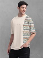 BULLMER Beige Front and Back Printed/Colourblock Baggy/Oversized Tshirt for Men - Image 5