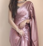 SHOPAZ Women's Ready to Wear Rose Gold Satin Silk 1 Minute Pre Pleated Heavy Saree with Hand Work Tassels - Image 7