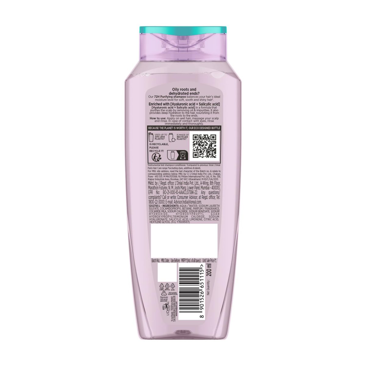 L’Oréal Paris Hyaluron Pure 72H Purifying Shampoo, For oily scalp & dry hair with salicylic and hyaluronic acid, 200 ml - Image 9