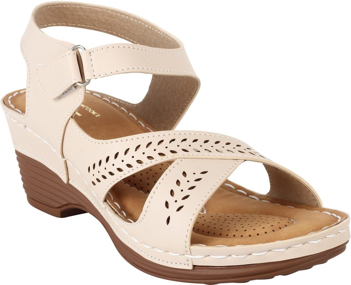 XE Looks Women's Cream Orthopedic Sandals with Adjustable Ankle Strap | Stylish Perforated Design and Cushioned Wedge Heel For Girls & Women - Image 4