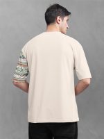 BULLMER Beige Front and Back Printed/Colourblock Baggy/Oversized Tshirt for Men - Image 4