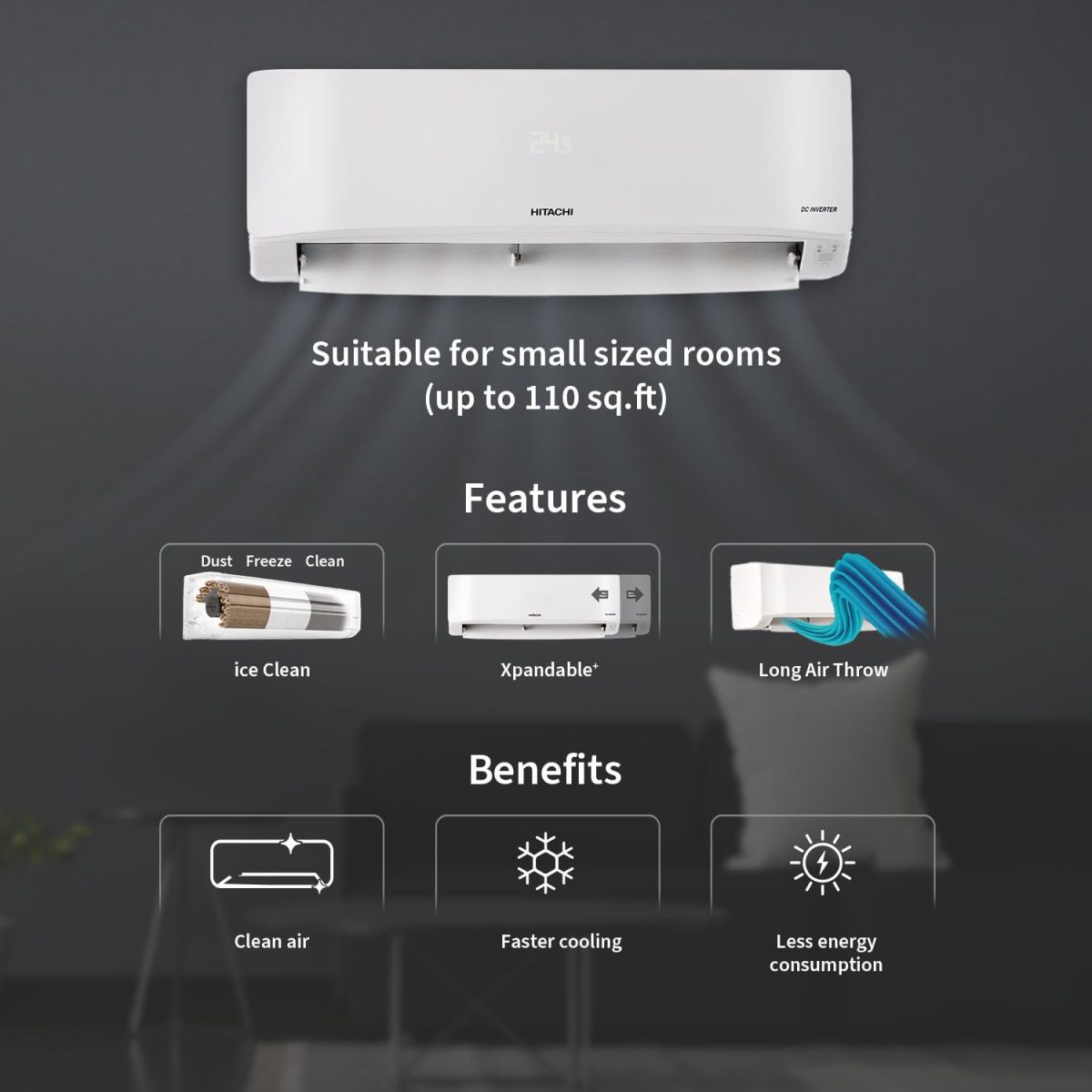 Hitachi 1 Ton Class 3 Star, 4-Way Swing, ice Clean, Xpandable+, Inverter Split AC (100% Copper, Dust Filter, 3400SXL RAS.D312PCBIBS, White) - Image 9