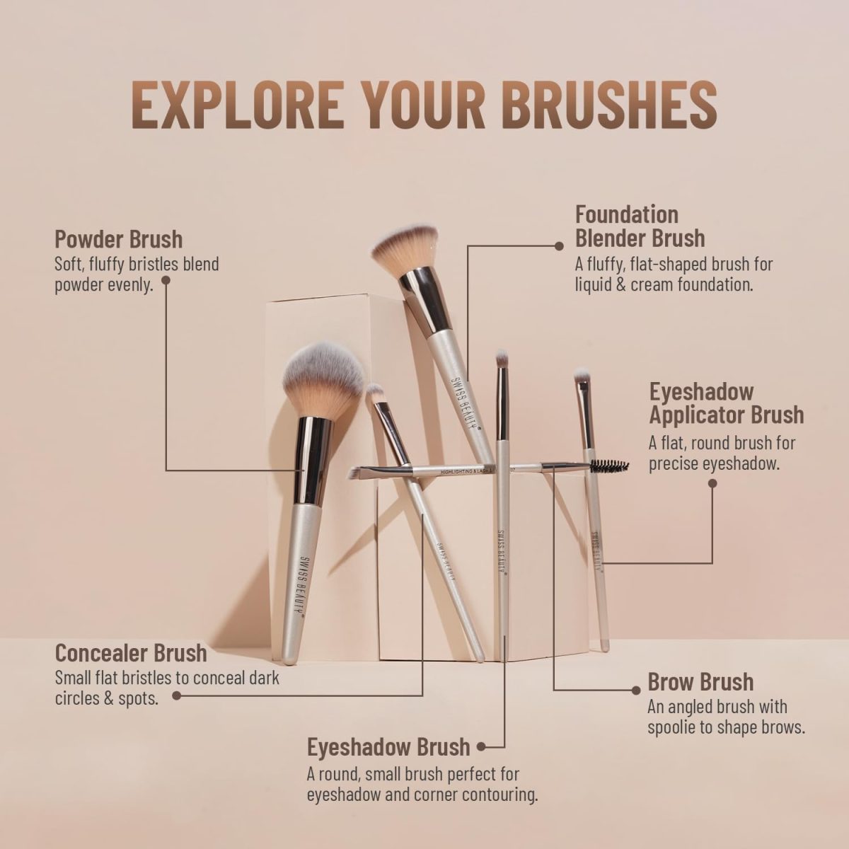 Swiss Beauty Professional Face & Eye Brush Set of 6 with Synthetic Fibres and Easy Blending For Cream, Liquid & Powder Formulation - Image 4