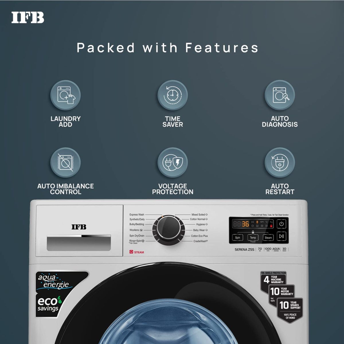 IFB 7 Kg 5 Star Front Load Washing Machine 2X Power Steam (SERENA ZSS 7010, Silver & Black, In-built Heater, 4 years Comprehensive Warranty) - Image 5