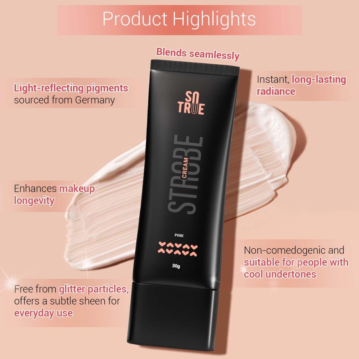 Sotrue Strobe Cream Pink for Face Radiance, Multipurpose Strobe Cream, Dewy Glazed Instant Glow, Highlighter For Face, Boosts Hydration, For All Skin Types, 30g - Image 2