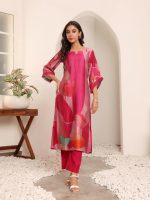 Varanga Women Fuchsia Pink Abstract Printed Straight Kurta with Trousers – Stylish Ethnic Set - Image 2