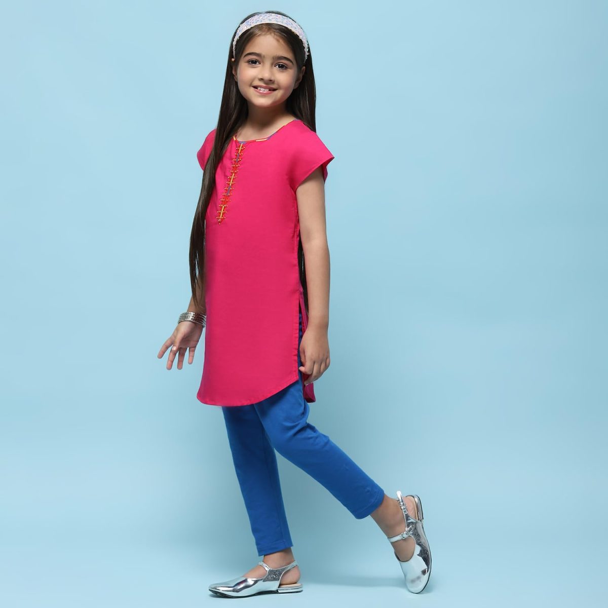 BIBA Girls Cotton Straight Kurta Capri Suit Set - Image 3