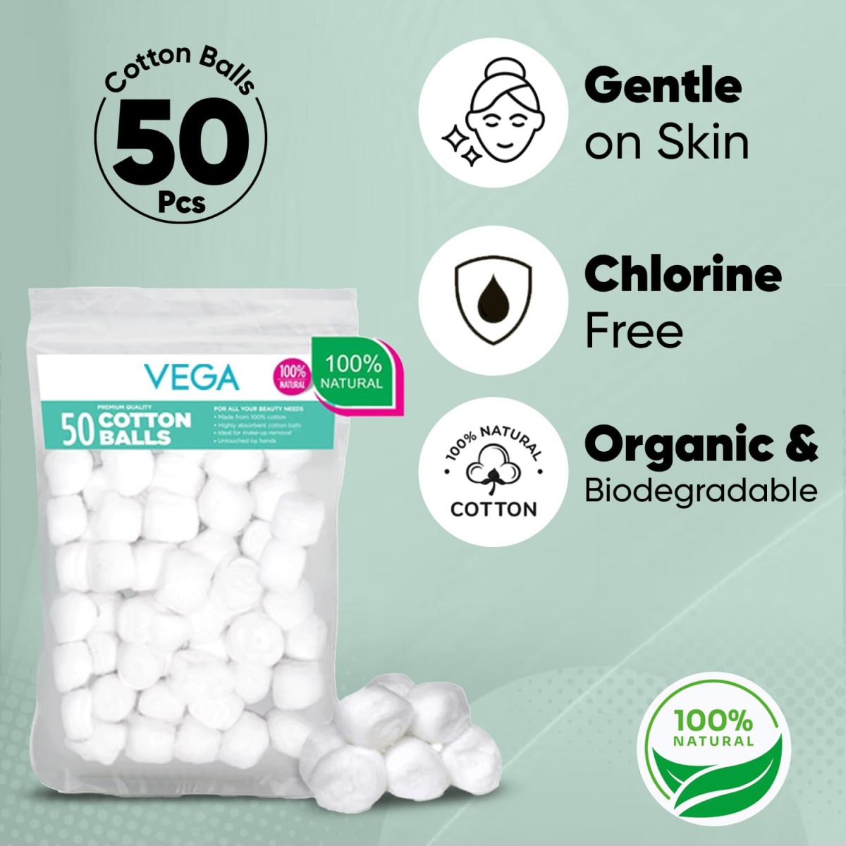 VEGA Cotton Ball for Eye, Face Makeup and Nail Paint Remover (Pack Of 50) - Image 2