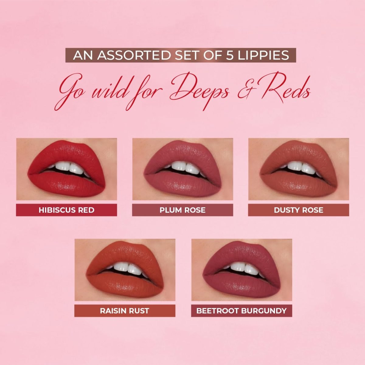 Just Herbs Ayurvedic Liquid Lipstick Kit Set of 5 with Long Lasting Matte Finish, Hydrating & Lightweight Lip Colour, Deeps & Reds - Paraben & Silicon Free - 5 ml - Image 2