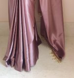 SHOPAZ Women's Ready to Wear Rose Gold Satin Silk 1 Minute Pre Pleated Heavy Saree with Hand Work Tassels - Image 6
