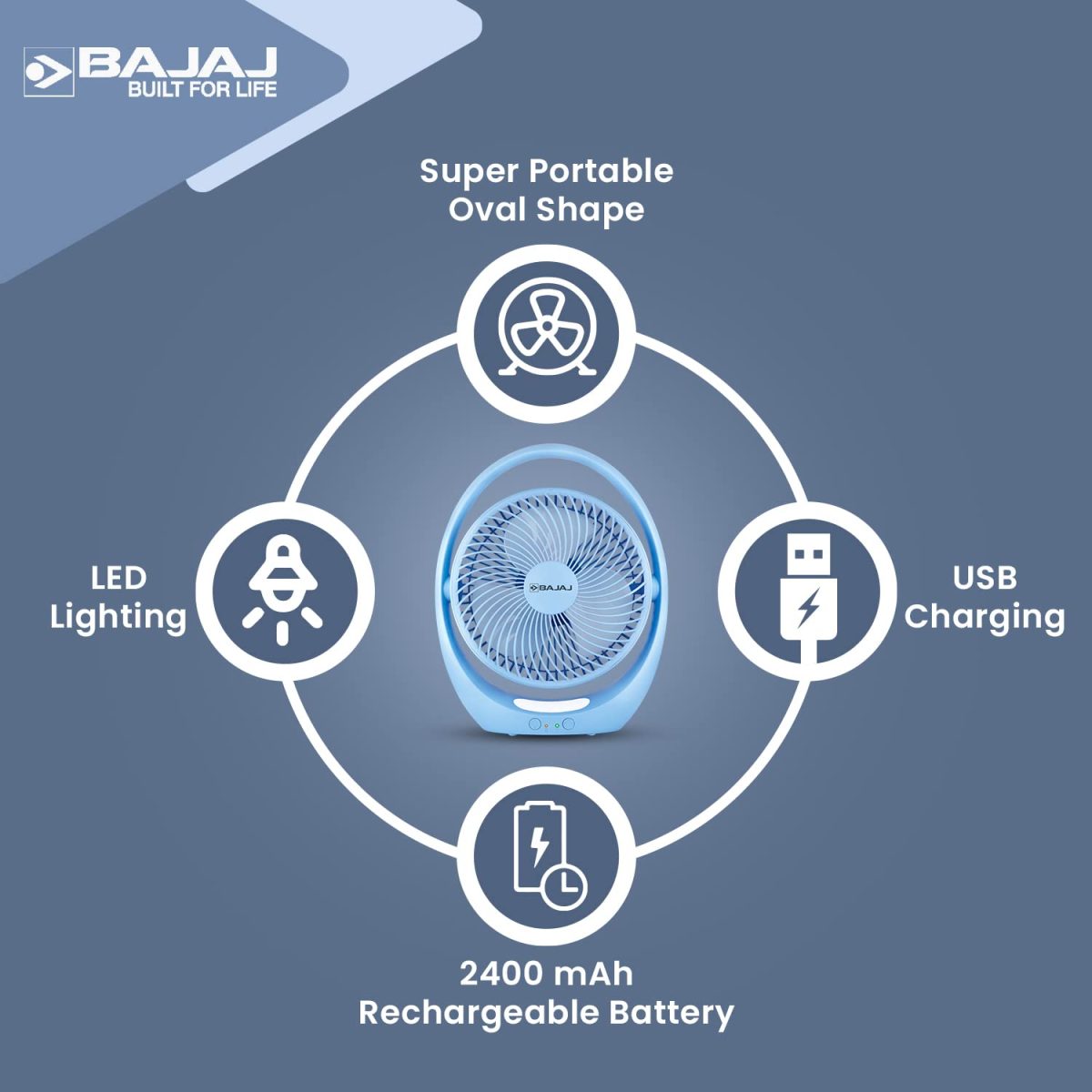 Bajaj Pygmy Go 178MM Mini Fan with LED Lighting | Rechargeable | USB Charging | 4-hours Battery Backup | 3 Speed | 2-Light Brightness Setting | High Speed | Portable【Blue】 - Image 5