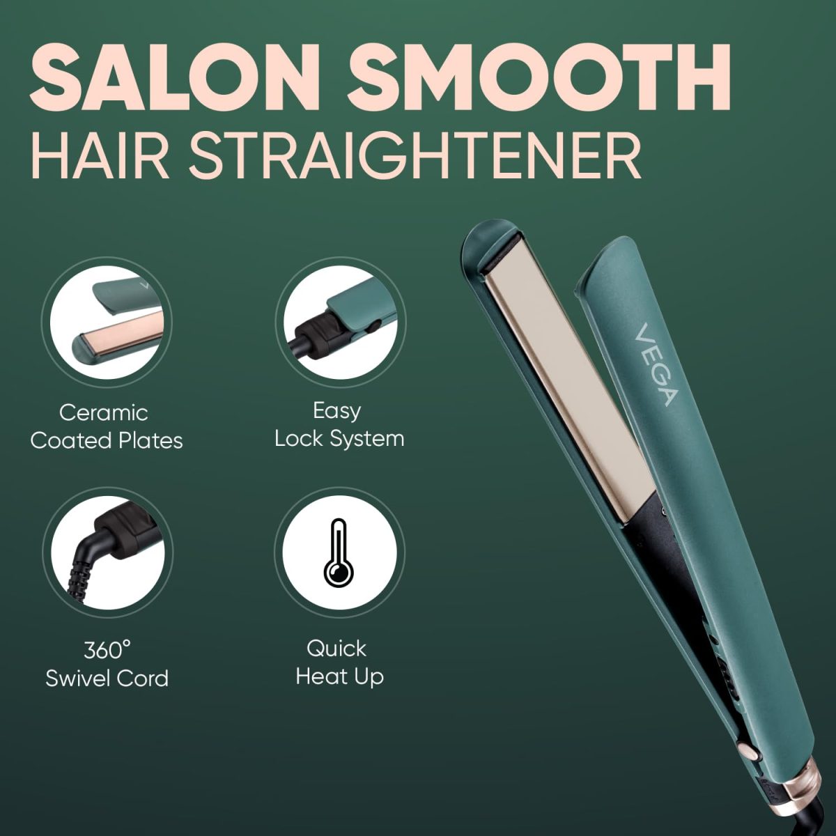 Vega Salon Smooth Hair Straightener for Women with Ceramic Coated Plates, Quick Heatup & Travel Friendly, Travel Lock, Green (VHSH-42) - Image 5