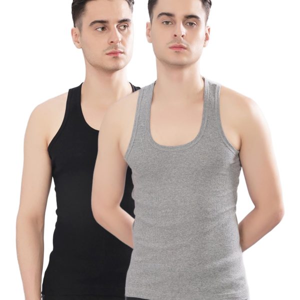 Dollar Bigboss Men's Derby Black & Grey Melange RN Vest (Pack of 2)