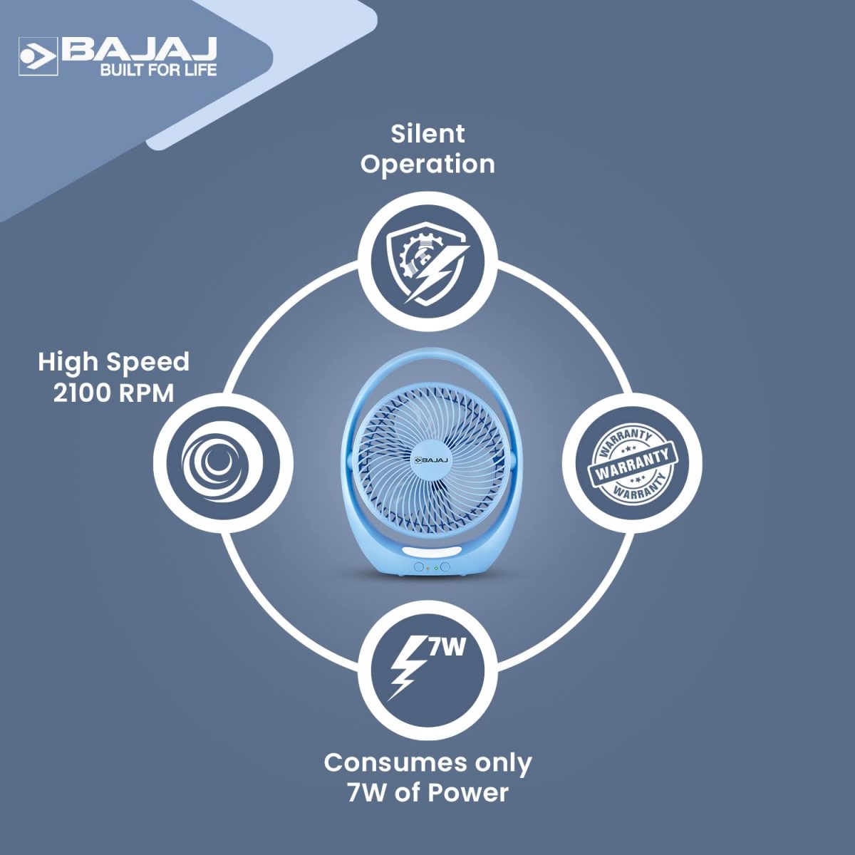 Bajaj Pygmy Go 178MM Mini Fan with LED Lighting | Rechargeable | USB Charging | 4-hours Battery Backup | 3 Speed | 2-Light Brightness Setting | High Speed | Portable【Blue】 - Image 7