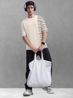 BULLMER Beige Front and Back Printed/Colourblock Baggy/Oversized Tshirt for Men - Image 6