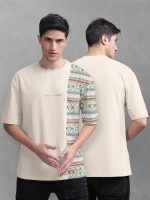 BULLMER Beige Front and Back Printed/Colourblock Baggy/Oversized Tshirt for Men - Image 2