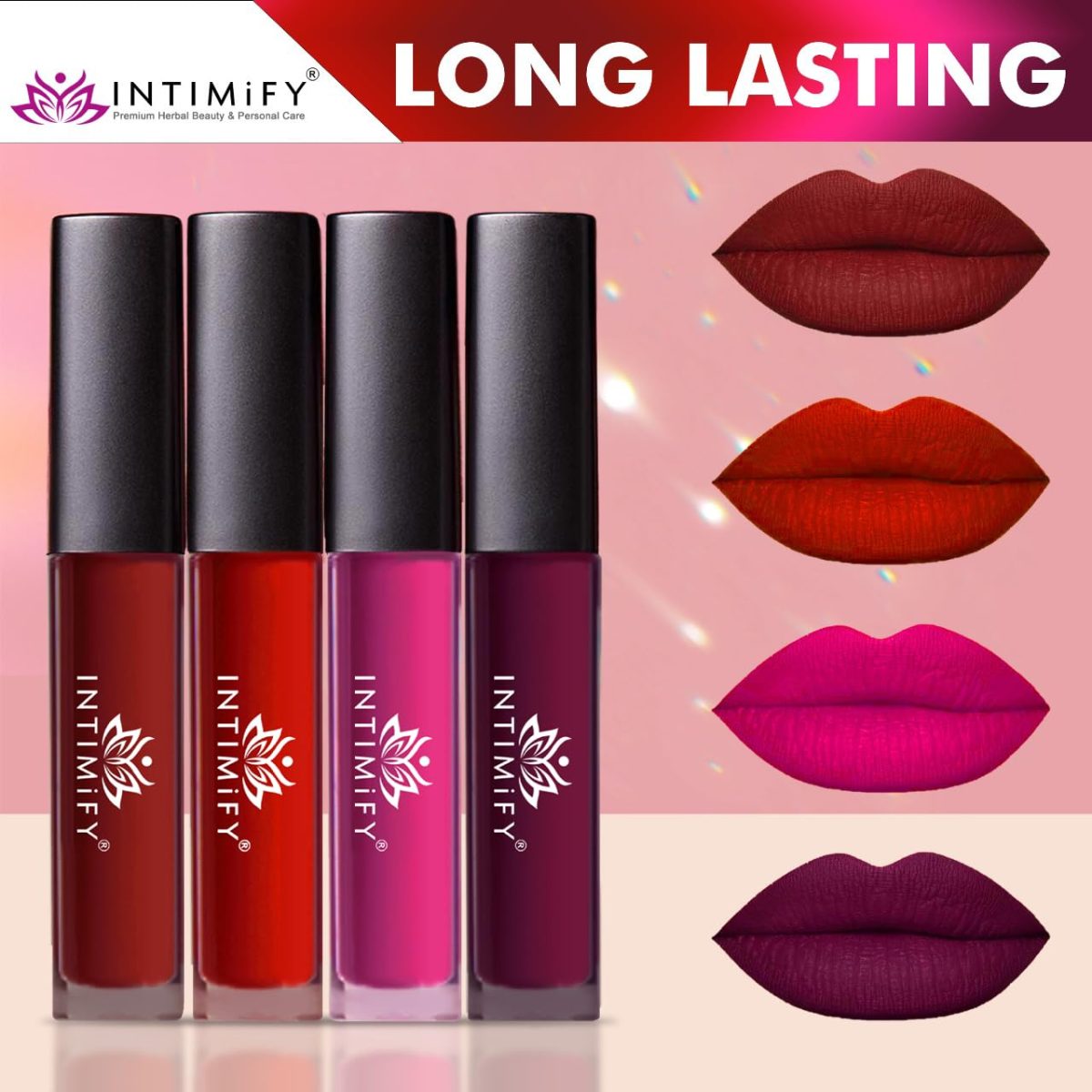 Liquid Matte Lip Stick, 8-Hour Long Stay, Long Lasting & Waterproof, Lipstick Combo (Red, Maroon, Pink, Purple – Pack Of 4) For Women - Image 3