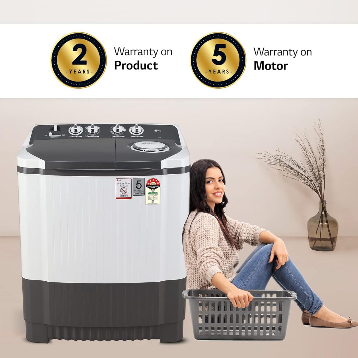 LG 7 Kg 5 Star Wind Jet Dry Semi-Automatic Top Loading Washing Machine (P7020NGAZ, Dark Gray, Rat Away Feature) - Image 4