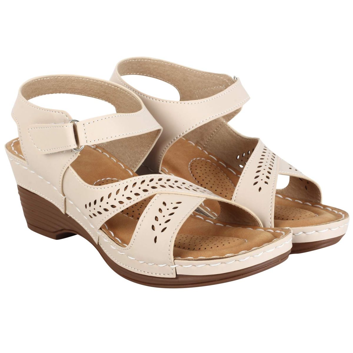 XE Looks Women's Cream Orthopedic Sandals with Adjustable Ankle Strap | Stylish Perforated Design and Cushioned Wedge Heel For Girls & Women - Image 7