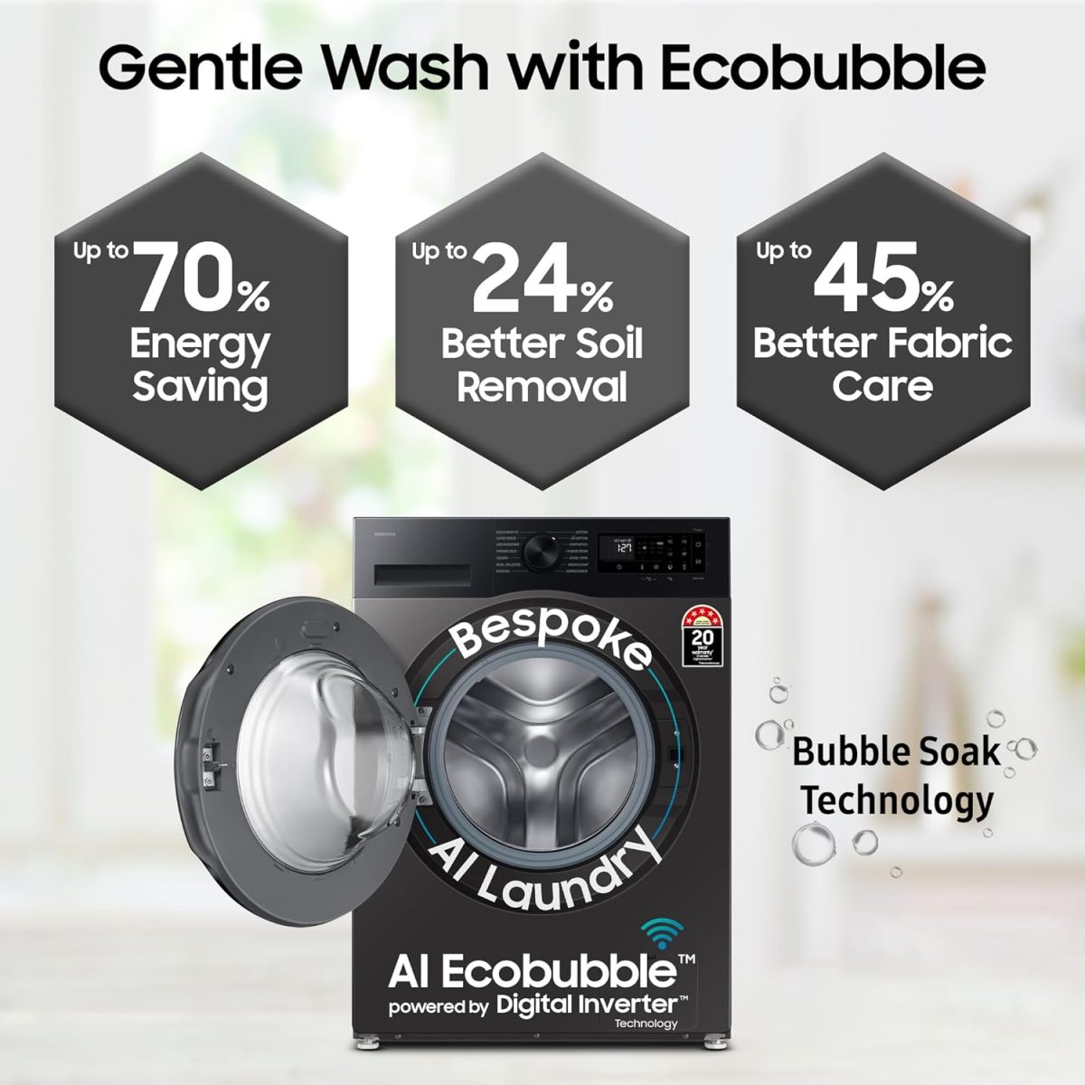 Samsung 9 kg, 5 star, AI EcoBubble, Super Speed, Wi-Fi, Hygiene Steam with Inbuilt Heater, Digital Inverter, Fully-Automatic Front Load Washing Machine (WW90DG5U24AXTL, Inox) - Image 3
