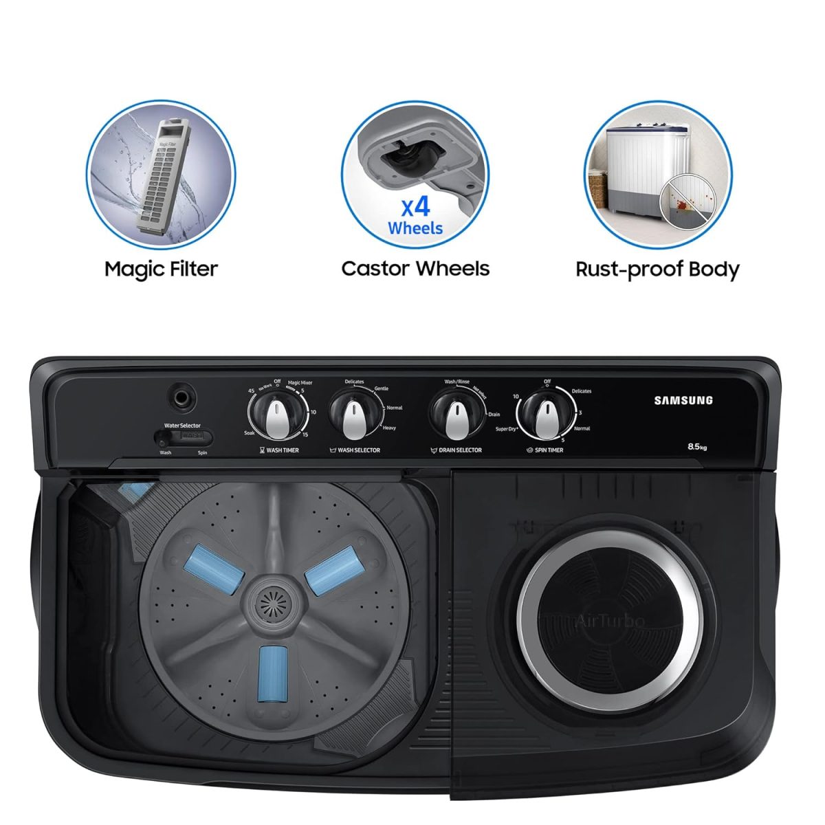 Samsung 8.5 Kg 5 Star Semi Automatic Top Load Washing Machine (WT85B4200GD/TL,DARK GRAY) - Image 4
